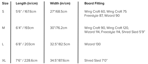 Slingshot Foil Board Bag size chart